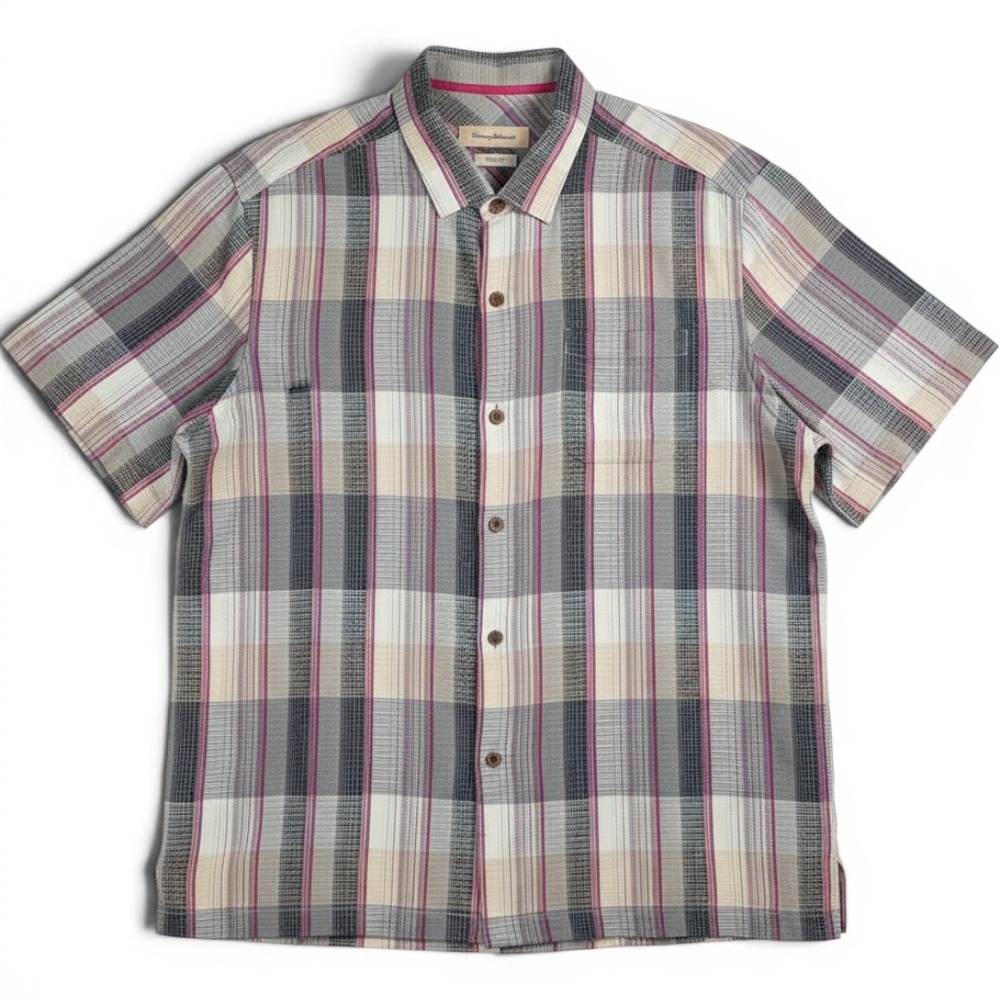Tommy Bahama Plaid Short Sleeve Button Up Shirt Mens XL Gray Pink 100% Silk
